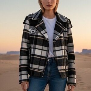 Hurley Women Plaid Moto Jacket‎ Coat  Black White Size Medium